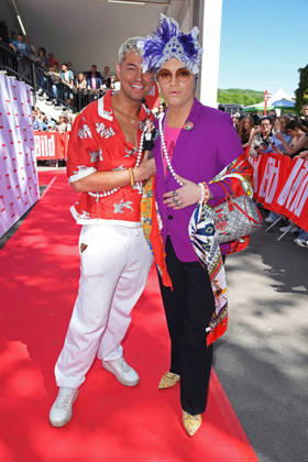 Julian F M Stöckel with friend Marcell Damaschke at the BILD RENNTAG at the trotting track in Gelsenkirchen on 01 05 2026