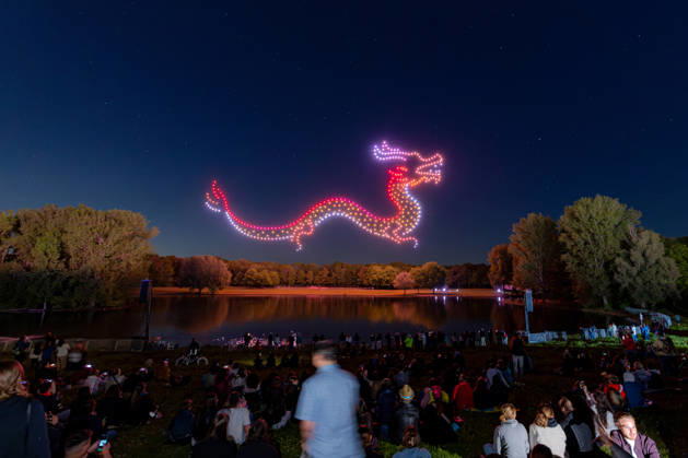 Rhine in Flames in Bonn 01 05 26 The 40th edition of Rhine in Flames in Bonns Rheinaue Friday evening ends with the drone show Ludwig travels around the world The show was made up for from the previous year after it could not take place for technical reasons Bonn Gronau North Rhine-Westphalia Germany Copyright: xMarcxJohnx