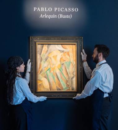 May 1, 2026, Bronx, New York, USA: Auction assistants pose with Pablo Picasso Arlequin during May Marquee Modern & Contemporary Auctions press preview at Sotheby s The Breuer in New York, NY on May 1, 2026. Bronx USA - ZUMAr339 20260501_znp_r339_037 Copyright: xLevxRadinx