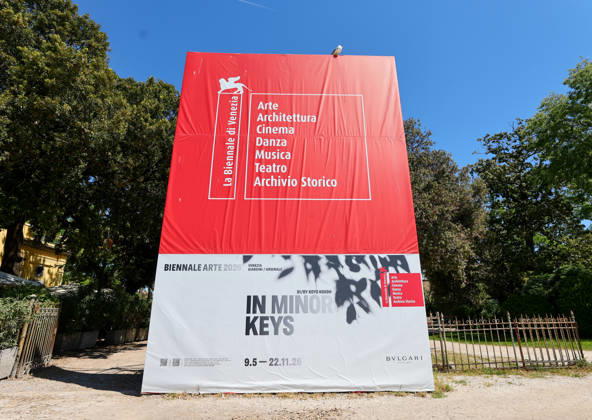 La Biennale di Venezia 61 International Art Exhibition IN MINOR KEYS , curated by Koyo Kouoh in Venice this is how visitors are greeted in front of the main entrance , next to the VIP guest restaurant PARADISO Venice Giardini Arsenale Venetia Italy
