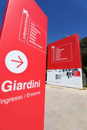 La Biennale di Venezia 61 International Art Exhibition IN MINOR KEYS , curated by Koyo Kouoh in Venice this is how visitors are greeted in front of the main entrance , next to the VIP guest restaurant PARADISO Venice Giardini Arsenale Veneto Italy
