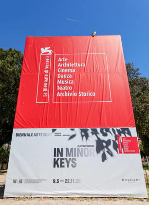 La Biennale di Venezia 61 International Art Exhibition IN MINOR KEYS , curated by Koyo Kouoh in Venice this is how visitors are greeted in front of the main entrance , next to the VIP guest restaurant PARADISO Venice Giardini Arsenale Veneto Italy