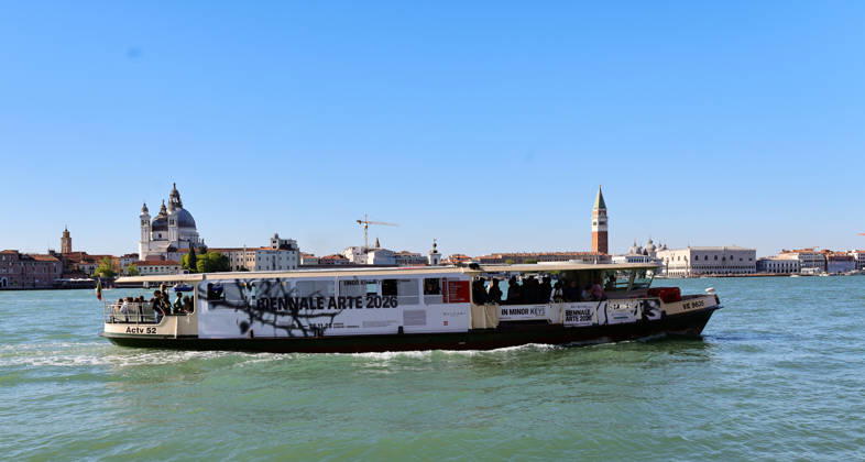 La Biennale di Venezia 61 International Art Exhibition IN MINOR KEYS , curated by Koyo Kouoh in Venice a water cab branded with La Biennale advertisement , in the background Piazza San Marco Venice Giardini Arsenale Veneto Italy