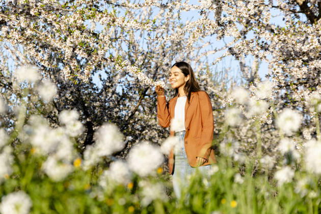 Smiling model smelling blooming tree in spring orchard in Spain model released, Symbolfoto, YPF00251