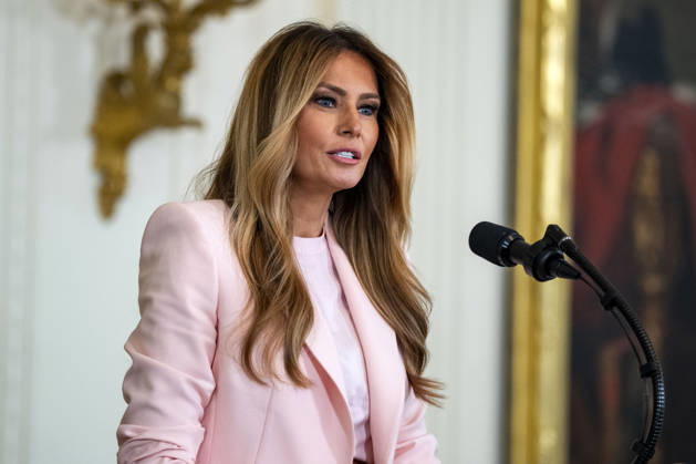 First Lady Melania Trump speaks during an event honoring military mothers and spouses in the East Room of the White House in Washington, DC on Wednesday, May 6, 2026.  WAP20260506304 BONNIExCASH