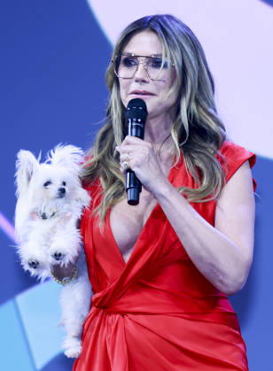 ABB OMR Heidi Klum model red dress glasses dog Fritz on stage as guest at the digital fair OMR in the exhibition halls on 06 05 2026 of Hamburg Messe Berlin Germany