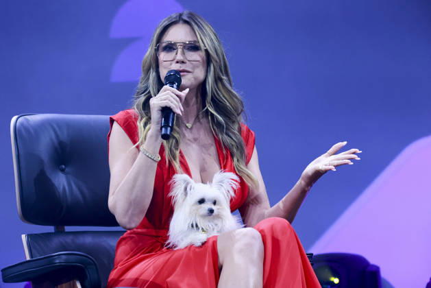 ABB OMR Heidi Klum model red dress glasses dog Fritz on stage as guest at the digital fair OMR in the exhibition halls on 06 05 2026 of Hamburg Messe Berlin Germany
