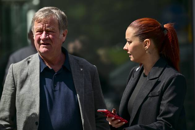 Wouter Torfs and Lotte Vanwezemael attend the funeral ceremony for Belgian media figure Hans Otten, Monday 11 May 2026 in Mechelen. Otten died on May 5.  DIRKxWAEM 173495619