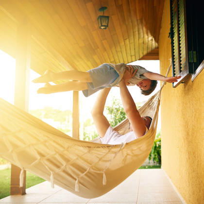 Dad, kid and play on hammock for vacation, airplane and bonding on family holiday. Father, boy child and trust on porch for games, flying fantasy and freedom in summer for happy childhood memories. (License=RF) ,model released, Symbolfoto  Copyright: xZoonar.com YurixArcursxpeopleimages.comx 21967571 ,model released, Symbolfoto ,property released