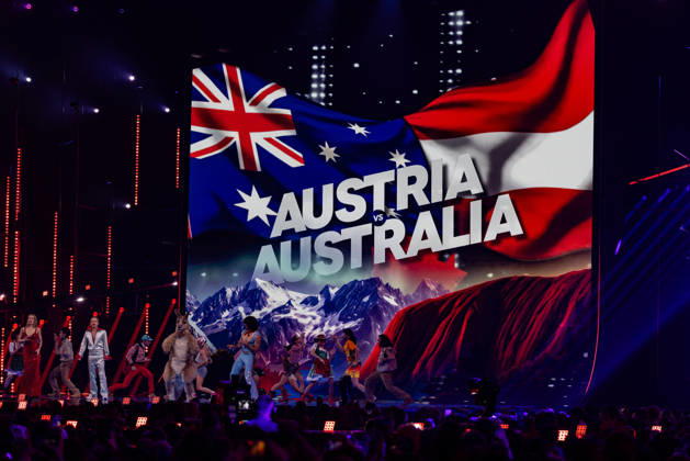 Eurovision Song Contest 2025 First Semi Final, 12 05 2026 VIENNA, AUSTRIA 12 MAY 2026 Image shows Austria vs Australia Eurovision interval act with Victoria Swarovski, Michael Ostrowski and Go Jo during Eurovision Song Contest 2025 First Semi Final at Wiener Stadthalle on 12 05 2026 in Vienna, Austria Vienna Wiener Stadthalle Austria Copyright: xBEAUTIFULxSPORTS Froehlichx