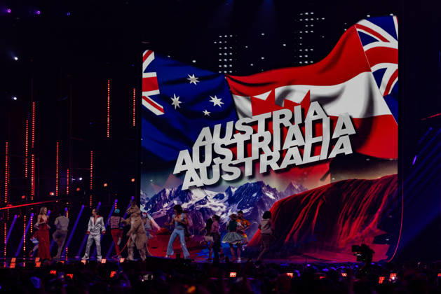 Eurovision Song Contest 2025 First Semi Final, 12 05 2026 VIENNA, AUSTRIA 12 MAY 2026 Image shows Austria vs Australia Eurovision interval act with Victoria Swarovski, Michael Ostrowski and Go Jo during Eurovision Song Contest 2025 First Semi Final at Wiener Stadthalle on 12 05 2026 in Vienna, Austria Vienna Wiener Stadthalle Austria Copyright: xBEAUTIFULxSPORTS Froehlichx