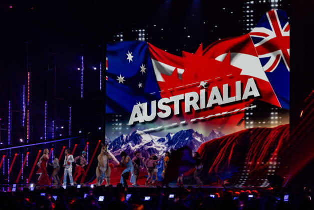 Eurovision Song Contest 2025 First Semi Final, 12 05 2026 VIENNA, AUSTRIA 12 MAY 2026 Image shows Austria vs Australia Eurovision interval act with Victoria Swarovski, Michael Ostrowski and Go Jo during Eurovision Song Contest 2025 First Semi Final at Wiener Stadthalle on 12 05 2026 in Vienna, Austria Vienna Wiener Stadthalle Austria Copyright: xBEAUTIFULxSPORTS Froehlichx