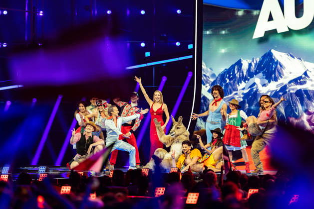 Eurovision Song Contest 2025 First Semi Final, 12 05 2026 VIENNA, AUSTRIA 12 MAY 2026 Image shows Austria vs Australia Eurovision interval act with Victoria Swarovski, Michael Ostrowski and Go Jo during Eurovision Song Contest 2025 First Semi Final at Wiener Stadthalle on 12 05 2026 in Vienna, Austria Vienna Wiener Stadthalle Austria Copyright: xBEAUTIFULxSPORTS Froehlichx