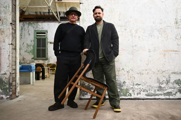 MELBOURNE DESIGN WEEK, Designers Jon Goulder and Andrew Carvolth pose for a photo with their work Festival Chair as part of the 100 Chairs exhibition during Melbourne Design Week, Melbourne, Wednesday, May 13, 2026. ( NO ARCHIVING MELBOURNE VICTORIA AUSTRALIA  Copyright: xJOELxCARRETTx 20260513182884880877