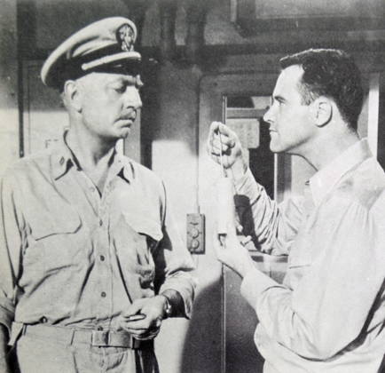 RECORD DATE NOT STATED Film still from Mister Roberts Film still from Mister Roberts starring Jack Lemmon (1925-2001) and William Powell (1892-1984). Dated 20th Century Editorial use only. All other uses to be cleared with the copyright owner (World History Archive), in advance., WHA_086_0933.jpg, Film still; Mister Roberts; Jack Lemmon; William Powell; 20th Century; black and white; actors; Hollywood; classic film; vintage; movie scene; military; navy; comedy; drama; iconic; famous actors; American cinema; 1950s; World War II; sailors; ship; war film; entertainment; cinematic; on-screen chemistry; talented actors; Hollywood legends; film industry; character actors. Copyright: xx
