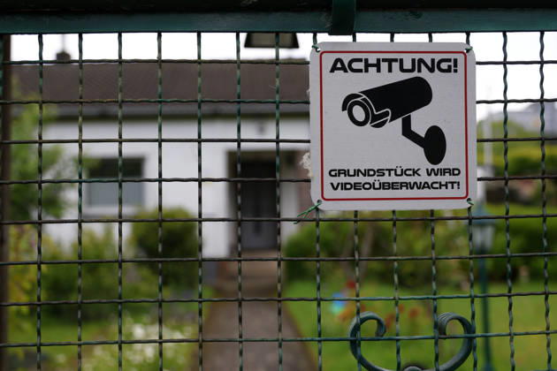 Düsseldorf, Germany, 13 05 2026 Sign for video surveillance of a plot of land in the Buschermühle allotment garden site in Düsseldorf Mörsenbroich