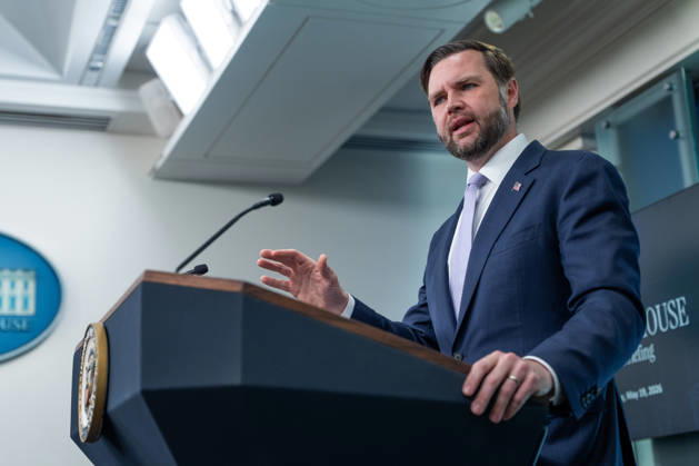 Vice President JD Vance gives remarks during a press conference in the James Brady Press Briefing Room of the White House in Washington, DC on Tuesday, May 19, 2026. Vance defended the creation of a $1.8 billion Department of Justice fund that would compensate certain individuals who were investigated and prosecuted by the Biden Administration. WAP20250519016 AARONxSCHWARTZ