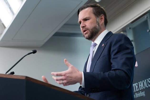 Vice President JD Vance gives remarks during a press conference in the James Brady Press Briefing Room of the White House in Washington, DC on Tuesday, May 19, 2026. Vance defended the creation of a $1.8 billion Department of Justice fund that would compensate certain individuals who were investigated and prosecuted by the Biden Administration. WAP20260519614 AARONxSCHWARTZ