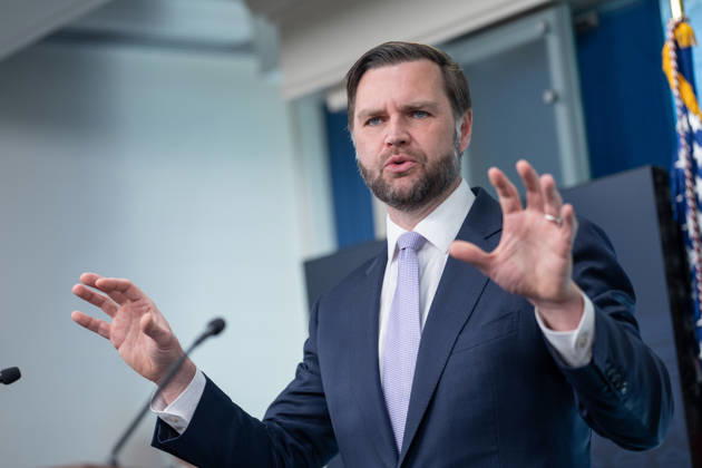 Vice President JD Vance gives remarks during a press conference in the James Brady Press Briefing Room of the White House in Washington, DC on Tuesday, May 19, 2026. Vance defended the creation of a $1.8 billion Department of Justice fund that would compensate certain individuals who were investigated and prosecuted by the Biden Administration. WAP20260519617 AARONxSCHWARTZ