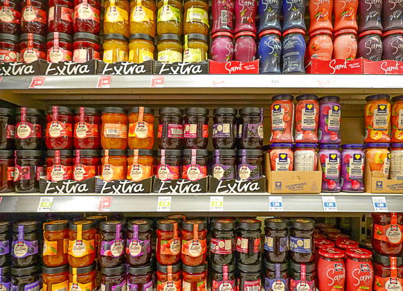 Various types of jam and mousse seen on 19 05 2026 in the supermarket