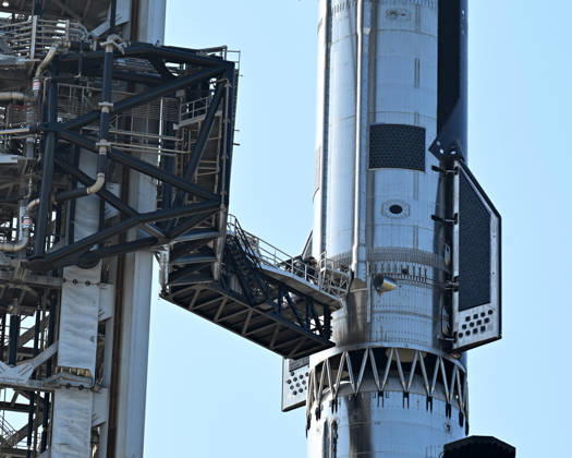 A faulty pin preventing the swing arm to fall away at launch was the cause of Thursday s launch postponement on Orbital Launch Pad 2 at Starbase, Texas on Friday May 22, 2026.SpaceX engineers repaired the pin to allow for another launch attempt today.  SBP20260522003 JOExMARINO