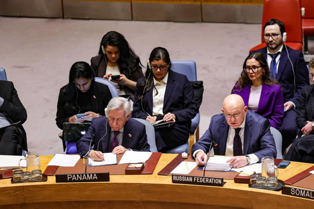 May 23, 2026, New York, New York, USA: VASSILY NEBENZIA on right, Permanent Representative of Russia to the UN, speaks during an emergency UN Security Council meeting on Ukraine at UNHQ following Russian allegations of a Ukrainian drone strike on a vocational school and student dormitory in Russian-controlled Luhansk, which Ukraine denies targeted civilians. New York USA  - ZUMAo116 20260523_znp_o116_016 Copyright: xBiancaxOterox