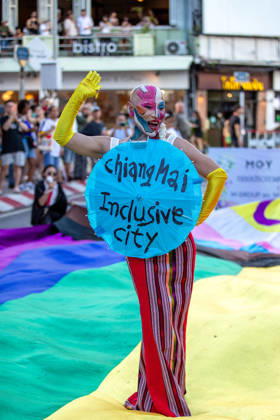 The Chiang Mai Pride Parade 2026 celebrations in Chiang Mai, Thailand - 24 May 2026 Sirisak Chaited, representative of the Chiang Mai Pride organizing committee, poses on a large rainbow flag during the Chiang Mai Pride Parade. The Chiang Mai Pride Parade 2026 took place in Chiang Mai, Thailand. Chiang Mai province holds Thailandís first Pride Month celebrations annually, promoting gender equality, diversity, and human rights as part of Pride Month activities in northern Thailand. Chiang Mai Thailand Copyright: xPongmanatxTasirix xSOPAxImagesx PTASIRI240526DxII9620