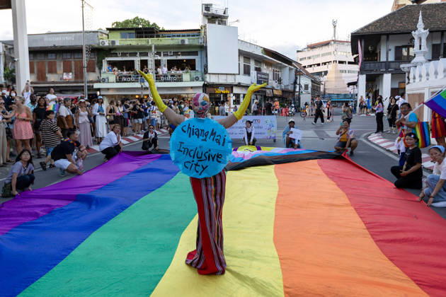 The Chiang Mai Pride Parade 2026 celebrations in Chiang Mai, Thailand - 24 May 2026 Sirisak Chaited, representative of the Chiang Mai Pride organizing committee, poses on a large rainbow flag during the Chiang Mai Pride Parade. The Chiang Mai Pride Parade 2026 took place in Chiang Mai, Thailand. Chiang Mai province holds Thailandís first Pride Month celebrations annually, promoting gender equality, diversity, and human rights as part of Pride Month activities in northern Thailand. Chiang Mai Thailand Copyright: xPongmanatxTasirix xSOPAxImagesx PTASIRI240526R6II7132