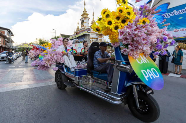 May 24, 2026, Chiang Mai, Thailand: Participants ride on a flower-decorated Tuk Tuk vehicle during The Chiang Mai Pride Parade 2026 celebrations. The Chiang Mai Pride Parade 2026 took place in Chiang Mai, Thailand. Chiang Mai province holds Thailandis first Pride Month celebrations annually, promoting gender equality, diversity, and human rights as part of Pride Month activities in northern Thailand. Chiang Mai Thailand  - ZUMAs197 20260524_aaa_s197_139 Copyright: xPongmanatxTasirix