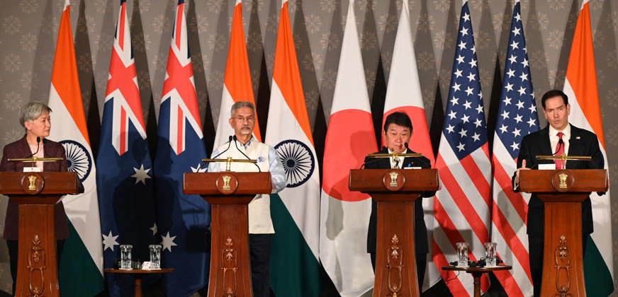 NEW DELHI, INDIA - MAY 26: (L-R) Australian Foreign Minister Penny Wong, External Affairs Minister S Jaishankar, Japanese Foreign Minister Toshimitsu Motegi and US Secretary of State Marco Rubio address a joint press conference following the conclusion of the 11th Quad Foreign Ministers Meeting at Hyderabad House on May 26, 2026 in New Delhi, India. In a strongly worded joint statement, the ministers unequivocally condemned cross-border terrorism, explicitly calling out the horrific attacks perpetrated at Pahalgam in India and Bondi Beach in Australia. Turning their focus to the economic fallout of the broader West Asia crisis, the grouping collectively issued a sharp warning against maritime disruption in the Strait of Hormuz and the Red