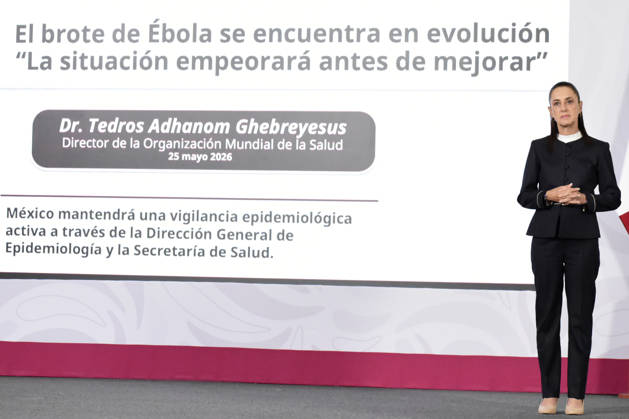 Mexican President Claudia Sheinbaum Ebola Outbreak News Conference Mexico™s President Claudia Sheinbaum Pardo speaks about the Ebola outbreak; Mexico will maintain epidemiological surveillance during a news conference at the National Palace. on May 26, 2026 in Mexico City, Mexico. (Photo by Luis Barron Eyepix Group). Copyright: xLuisxBarronx xEyepixxGroupx LB_26052026_1