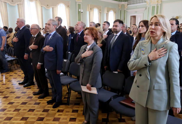 RECORD DATE NOT STATED Participants place their hands over their hearts during the national anthem of Ukraine at the forum Ukraine–Africa: Past, Present and Future of Relations in Kyiv, Ukraine, on May 26, 2026. The event was organized to mark Africa Day 2026 in Ukraine at the Hennadii Udovenko Diplomatic Academy of Ukraine under the Ministry of Foreign Affairs (Photo by Pavlo Bahmut Ukrinform) Forum Ukraine–Africa Past, Present and Future of Relations held in Kyiv  Copyright: xPavloxBahmutx