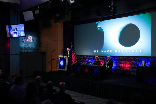 May 26, 2026, Washington, District Of Columbia, USA: Joined on stage by LORI GLAZE, Acting Associate Administrator, Exploration Systems Development Mission Directorate, NASA, and CARLOS GARCIA-GALAN, Program Executive, Moon Base, NASA, NASA Administrator JARED ISAACMAN, left at podium, speaks at a press conference announcing Moon Base plans and mission progress at NASA Headquarters in Washington, D.C. on May 26, 2026. NASA s Moon Base program is a long-term lunar exploration and infrastructure initiative designed to enable sustained human presence at the lunar South Pole. Washington USA  - ZUMAd227 20260526_znp_d227_008 Copyright: xBryanxDozierx