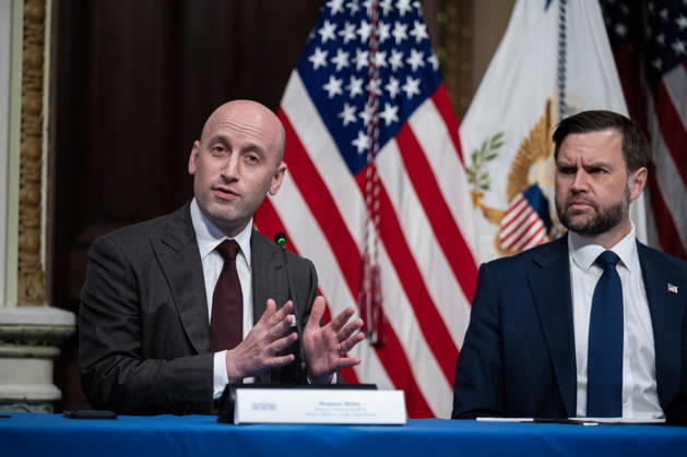 Anti-Fraud with State AGs UNITED STATES - MAY 26: Stephen Miller, left, White House deputy chief of staff, speaks during a roundtable with Vice President JD Vance and state attorneys general on anti-fraud initiatives in the Eisenhower Executive Office Building on Tuesday, May 26, 2026. (Tom Williams CQ Roll Call) Washington DC United States EDITORIAL USE ONLY Copyright: x2026xCQ-RollxCall,xInc.x TomxWilliamsx rollcallpix171212