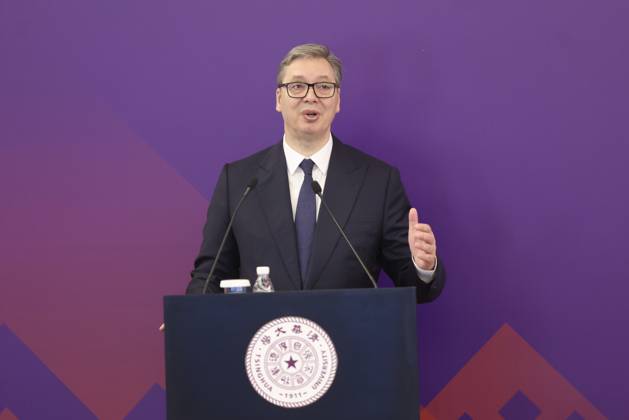 BEIJING, CHINA - MAY 26: Serbian President Aleksandar Vucic delivers a speech while visiting Tsinghua University on May 26, 2026 in Beijing, China. Vucic is on a state visit to China from May 24 to 28.  Copyright: xChinaxNewsxServicex 111644205007
