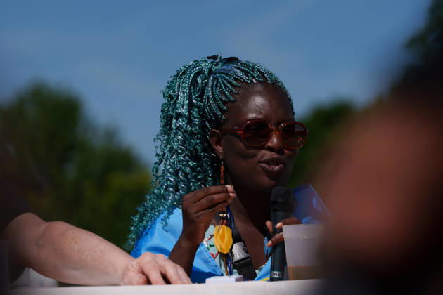 Climate Camp activists prepare for demonstration weekend in Hamm Germany - Hamm, 28.05.2026 Climate Camp activist Ina-Maria Shikongo speaks during press conference ahead of planned demonstrations against fossil gas infrastructure in Hamm. Organizers announced actions and protests scheduled for Friday and Saturday. North Rhine-Westphalia