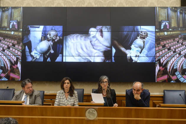 IPA85160291 - Rome Senate presentation of UN special rapporteur s report on the occupied Palestinian territories, pictured Dario Carotenuto Laura Boldrini Francesca Albanese Peppe De Cristofaro in the background pictures from Gaza Copyright: xSTEFANOxCAROFEIx xSTEFANOxCAROFEIx xFOTOGRAMMAx 85160291