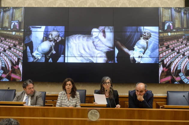 IPA85160294 - Rome Senate presentation of UN special rapporteur s report on the occupied Palestinian territories, pictured Dario Carotenuto Laura Boldrini Francesca Albanese Peppe De Cristofaro in the background images from Gaza Copyright: xSTEFANOxCAROFEIx xSTEFANOxCAROFEIx xFOTOGRAMMAx 85160294