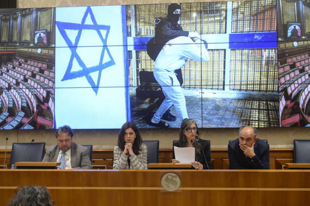 IPA85160297 - Rome Senate presentation of UN special rapporteur s report on the occupied Palestinian territories, pictured Dario Carotenuto Laura Boldrini Francesca Albanese Peppe De Cristofaro in the background pictures from Gaza Copyright: xSTEFANOxCAROFEIx xSTEFANOxCAROFEIx xFOTOGRAMMAx 85160297