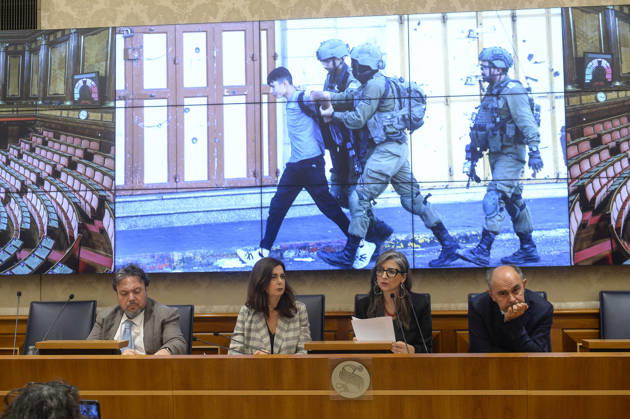 IPA85160305 - Rome Senate presentation of UN special rapporteur s report on the occupied Palestinian territories, pictured Dario Carotenuto Laura Boldrini Francesca Albanese Peppe De Cristofaro in the background pictures from Gaza Copyright: xSTEFANOxCAROFEIx xSTEFANOxCAROFEIx xFOTOGRAMMAx 85160305