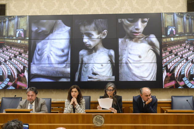 IPA85160315 - Rome Senate presentation of UN special rapporteur s report on the occupied Palestinian territories, pictured Dario Carotenuto Laura Boldrini Francesca Albanese Peppe De Cristofaro in the background images from Gaza Copyright: xSTEFANOxCAROFEIx xSTEFANOxCAROFEIx xFOTOGRAMMAx 85160315