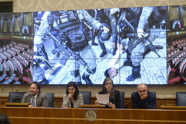 IPA85160339 - Rome Senate presentation of UN special rapporteur s report on the occupied Palestinian territories, pictured Dario Carotenuto Laura Boldrini Francesca Albanese Peppe De Cristofaro in the background pictures from Gaza Copyright: xSTEFANOxCAROFEIx xSTEFANOxCAROFEIx xFOTOGRAMMAx 85160339