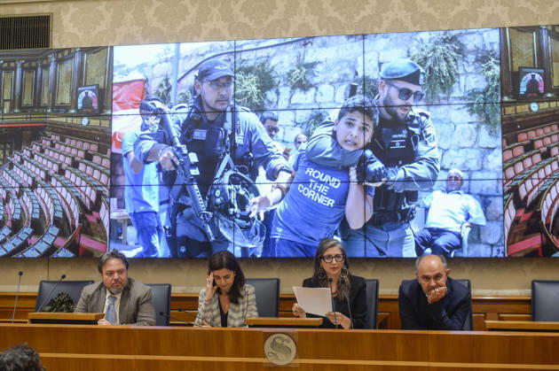 IPA85160345 - Rome Senate presentation of UN special rapporteur s report on the occupied Palestinian territories, pictured Dario Carotenuto Laura Boldrini Francesca Albanese Peppe De Cristofaro in the background images from Gaza Copyright: xSTEFANOxCAROFEIx xSTEFANOxCAROFEIx xFOTOGRAMMAx 85160345