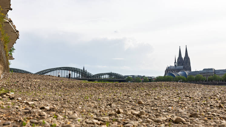 Low water in Cologne 29 05 2026 Low water on the Rhine in Cologne Deutz At a Rhine level of 148 cm at the Cologne gauge, the right bank of the Rhine has dried out over a large area The low water level exposes gravel and sand areas Cologne Cathedral and the Hohenzollern Bridge can be seen in the background Cologne Deutz North Rhine-Westphalia Germany Copyright: xMarcxJohnx