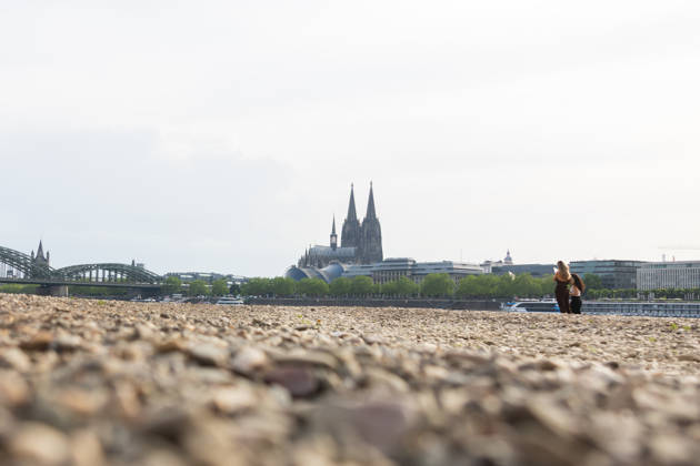 Low water in Cologne 29 05 2026 Low water on the Rhine in Cologne Deutz At a Rhine level of 148 cm at the Cologne gauge, the right bank of the Rhine has dried out over a large area The low water level exposes gravel and sand areas Cologne Cathedral and the Hohenzollern Bridge can be seen in the background Cologne Deutz North Rhine-Westphalia Germany Copyright: xMarcxJohnx