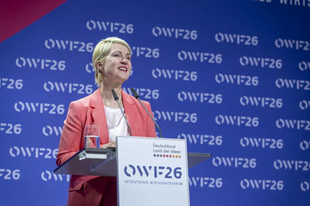 Manuela Schwesig OWF26 EUR, Germany, Berlin, 31 05 2026 Keynote speech by Manuela Schwesig SPD Minister President of the State of Mecklenburg-Vorpommern at the conference of the East German Economic Forum under the motto A new un order, what role does Germany and Europe play in global s