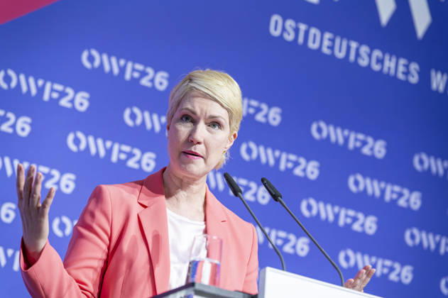 Manuela Schwesig OWF26 EUR, Germany, Berlin, 31 05 2026 Keynote speech by Manuela Schwesig SPD Minister-President of Mecklenburg-Western Pomerania at the conference of the East German Economic Forum under the motto A new Un order, what role does Germany and Europe play in global system