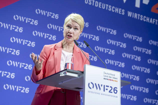Manuela Schwesig OWF26 EUR, Germany, Berlin, 31 05 2026 Keynote speech by Manuela Schwesig SPD Minister-President of Mecklenburg-Western Pomerania at the conference of the East German Economic Forum under the motto A new Un order, what role does Germany and Europe play in global system