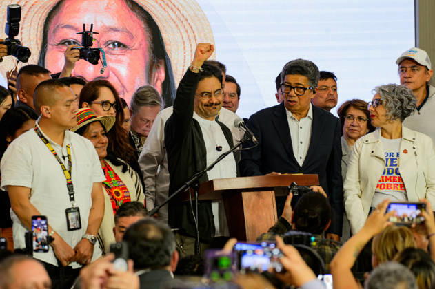 May 31, 2026, Bogota, Bogota D.C, Colombia: Colombian left-wing presidential candidate Ivan Cepeda along his running mate Aida Quilcue give a speech after the results of the first run of the 2026 presidential elections in Bogota, Colombia May 31, 2026. Bogota Colombia - ZUMAvp1_ 20260531_zia_vp1_056 Copyright: xSebastianxBarrosx