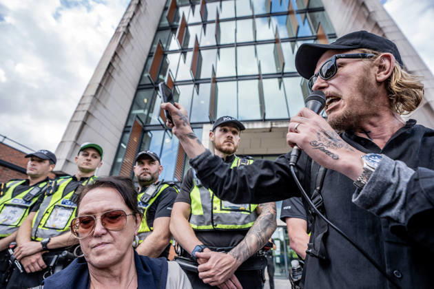 June 2, 2026, London, London, UK: Actor Lawrence Fox speaks to a large crowd of Southampton locals at a flash protest following the release of Police body-cam footage of the arrest and subsequent death of Henry Nowak. The 18 year old was handcuffed by Hampshire Constabulary who accused him of racial abuse and did not believe that he had been stabbed. He subsequently bled to death in custody. The protest outside Southampton Central Police Station accused the government of 2 tier policing. London UK  - ZUMAl94_ 20260602_zaf_l94_077 Copyright: xLabxMox
